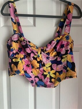 Divided Floral Cropped Bustier Top - Pink Yellow Blue Black